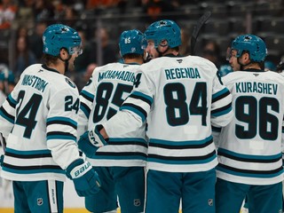 Pavol Regenda oslavuje gól so spoluhráčmi. 