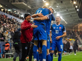 Hráč Slovenska Tomáš Bobček (8) oslavujúci svoj prvý gól v reprezentácií počas medzi Slovenskom a Severným Írskom 