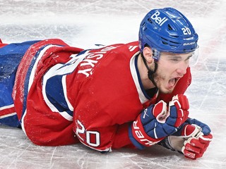 Otrasený Juraj Slafkovský leží na zemi po tvrdom hite od Maxa Croziera. 