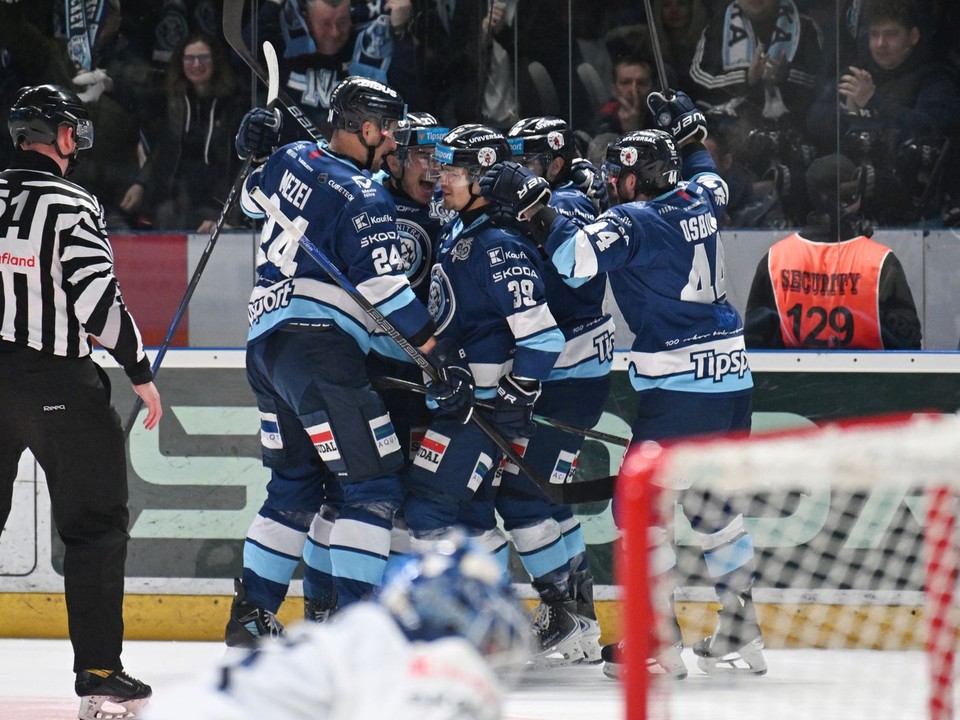 Gólová radosť hokejistov Nitry počas play-off Tipsport ligy 2025/26. 