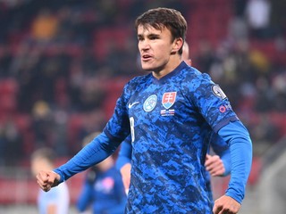 David Strelec sa teší po strelenom góle v zápase Slovensko - Ukrajina v baráži o ME vo futbale do 21 rokov 2023.