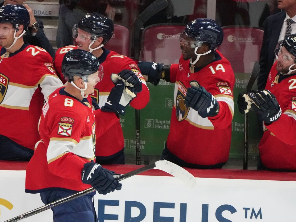 Brady Tkachuk (8) oslavuje gól.