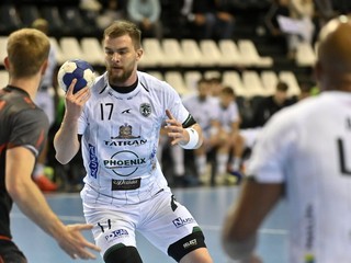 Jakub Kravčák (Prešov) počas prvého zápasu finále play off Niké Handball extraligy v hádzanej mužov Tatran Prešov - MŠK Považská Bystrica.