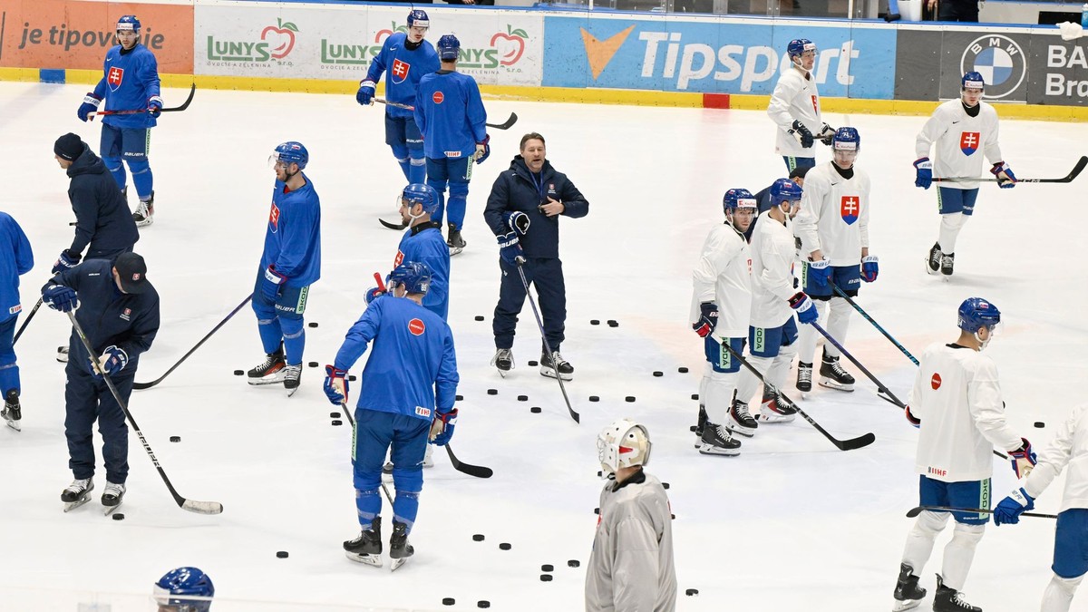 Uprostred tréner Vladimír Országh na spoločnom tréningu počas zrazu slovenskej hokejovej reprezentácie