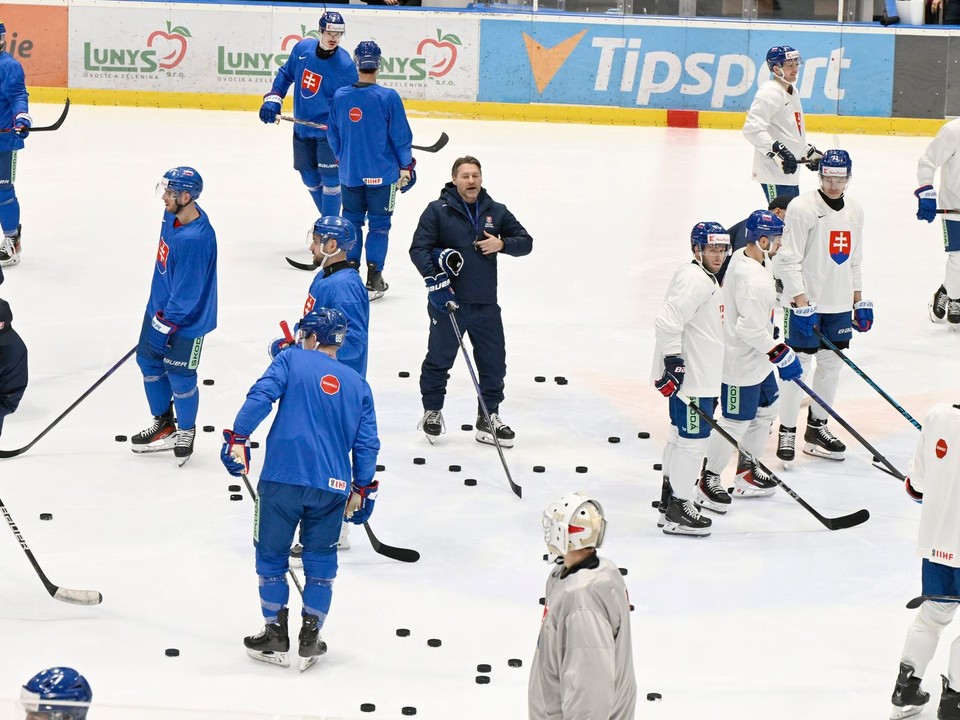 Uprostred tréner Vladimír Országh na spoločnom tréningu počas zrazu slovenskej hokejovej reprezentácie
