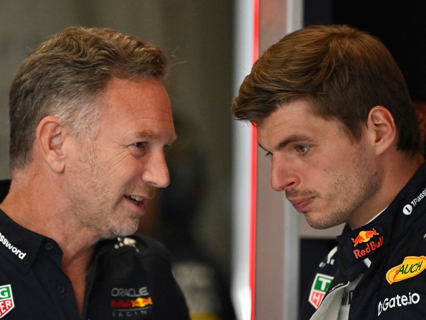 Šéf tímu Red Bull Christian Horner a Max Verstappen .