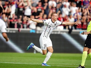 Adam Buksa sa teší po strelenom góle v zápase 3. predkola Ligy majstrov FC Midtjylland - Ferencváros Budapešť.