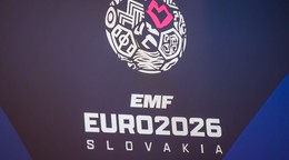 Logo ME 2026 počas tlačovej konferencie k organizovaniu ME v malom futbale na Slovensku.