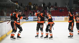 Hráči Michaloviec sa tešia z gólu v zápase hokejovej Tipsport ligy.