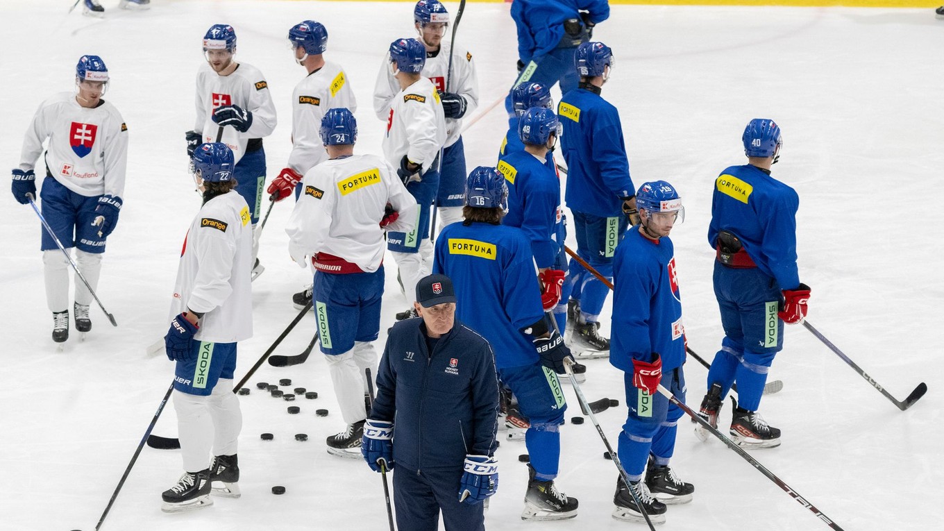 Slovenskí hokejisti počas tréningu