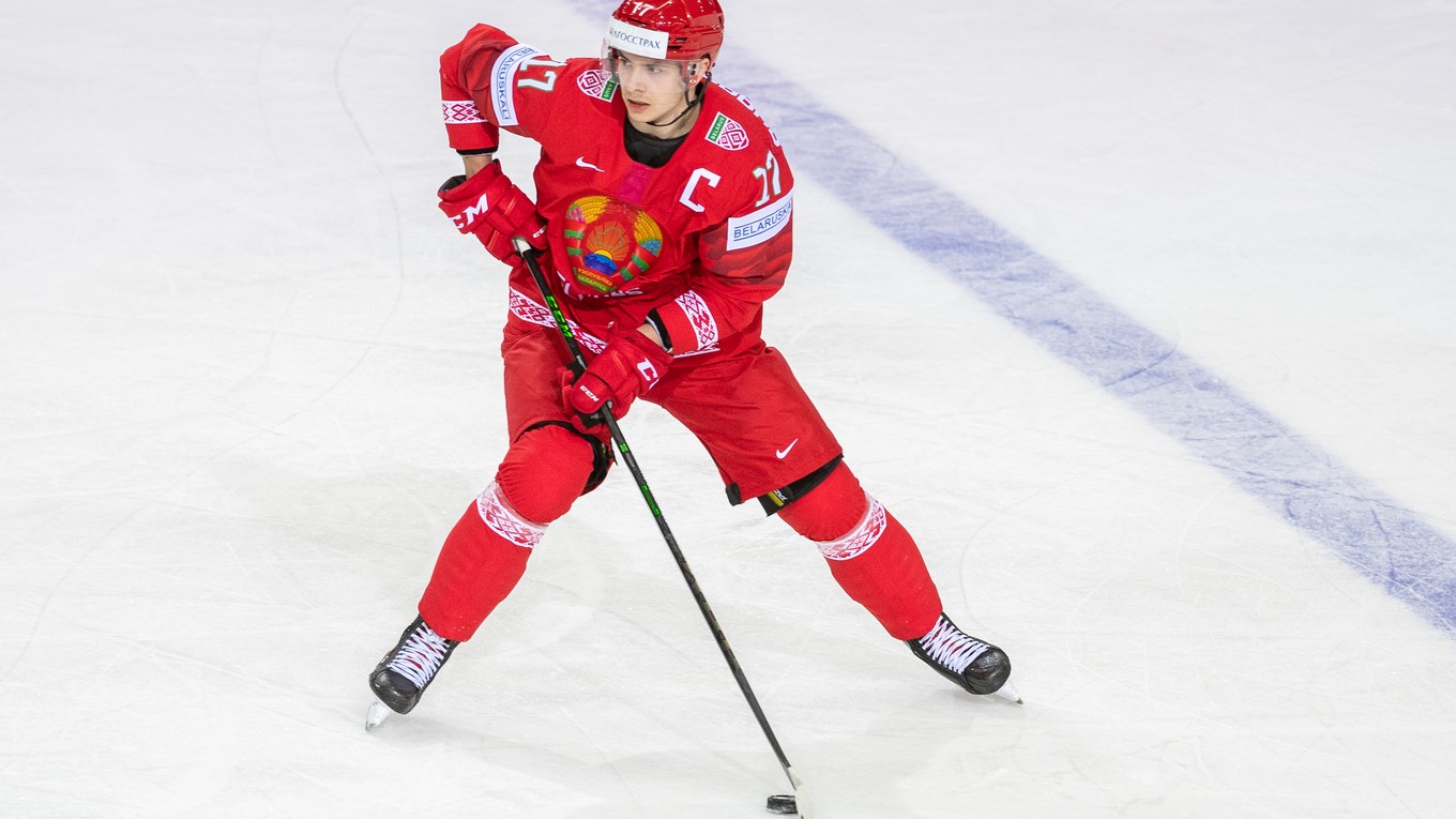 Jegor Šarangovič v zápase Slovensko - Bielorusko na MS v hokeji 2021.