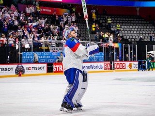 Samuel Hlavaj v zápase Slovensko - Francúzsko na MS v hokeji 2025.