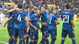 Gólová radosť hráčov Slovenska počas zápasu C-divízie Ligy národov vo futbale Slovensko - Kazachstan.