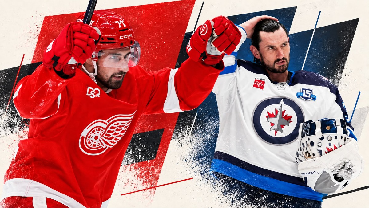 Dylan Larkin a Connor Hellebuyck. 