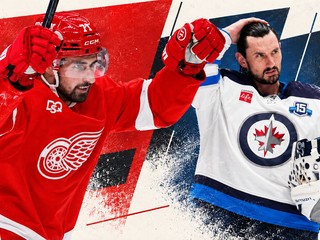 Dylan Larkin a Connor Hellebuyck. 