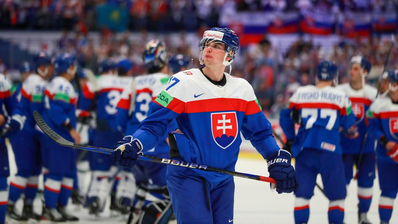 Šimon Nemec počas zápasu Slovensko - Kazachstan na MS v hokeji 2024