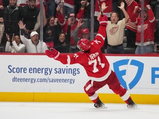 Dylan Larkin oslavuje gól v sieti Tampa Bay Lighting.