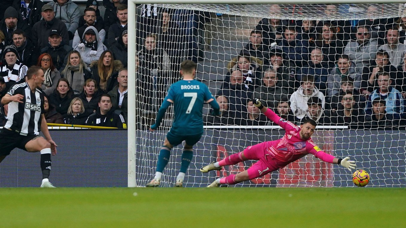 Martin Dúbravka dostáva gól v zápase Newcastle - Bournemouth.