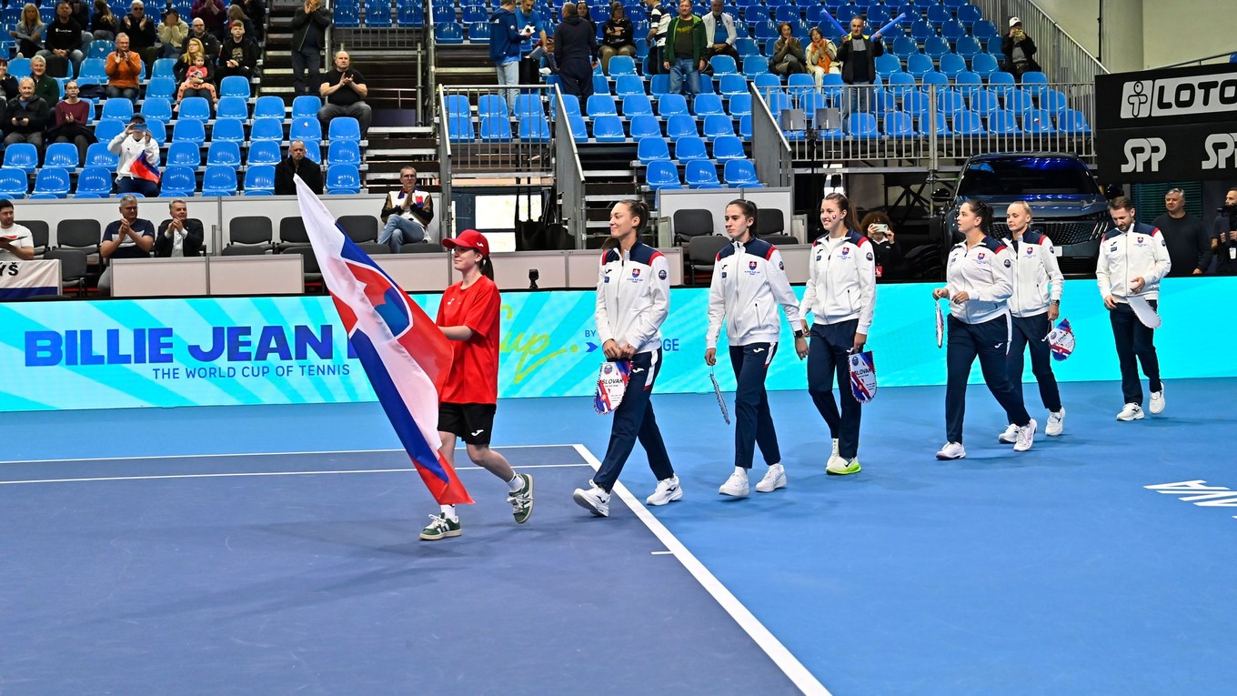 Na snímke domáce družstvo Slovenska nastupuje na úvodnú dvojhru duelu Slovensko - Dánsko.