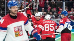 Švajčiarsky hráč Pius Suter (44) oslavuje gól do siete Česka.