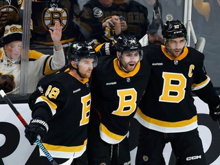 Hokejisti Bostonu Bruins sa tešia po strelenom góle.