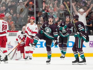 Hokejisti Anaheimu Ducks sa tešia z gólu v zápase proti Caroline.