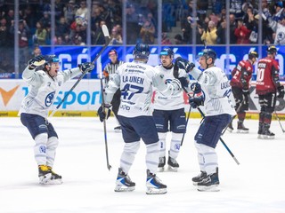 Radosť hokejistov Plzne po góle proti Sparte Praha.