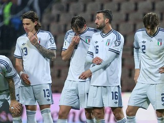 Futbalisti Talianska po penaltovom rozstrele v baráži MS 2026 proti Bosne a Hercegovine.