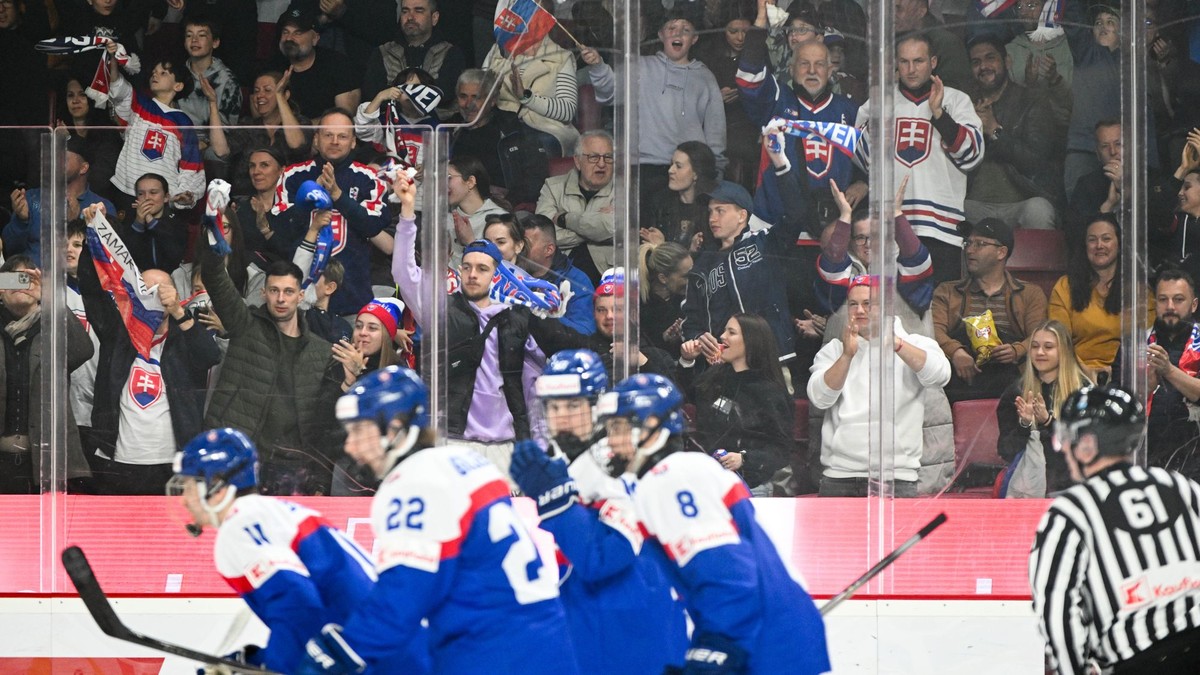 Radosť hráčov Slovenska a fanúšikov po góle počas zápasu Slovensko – Dánsko.