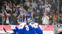 Radosť hráčov Slovenska a fanúšikov po góle počas zápasu Slovensko – Dánsko.