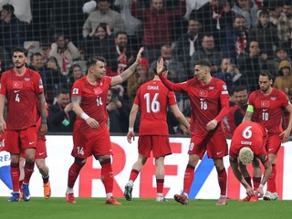 Futbalisti Turecka oslavujú gól.