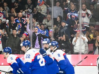 Radosť hráčov Slovenska a fanúšikov po góle počas zápasu Slovensko – Dánsko.