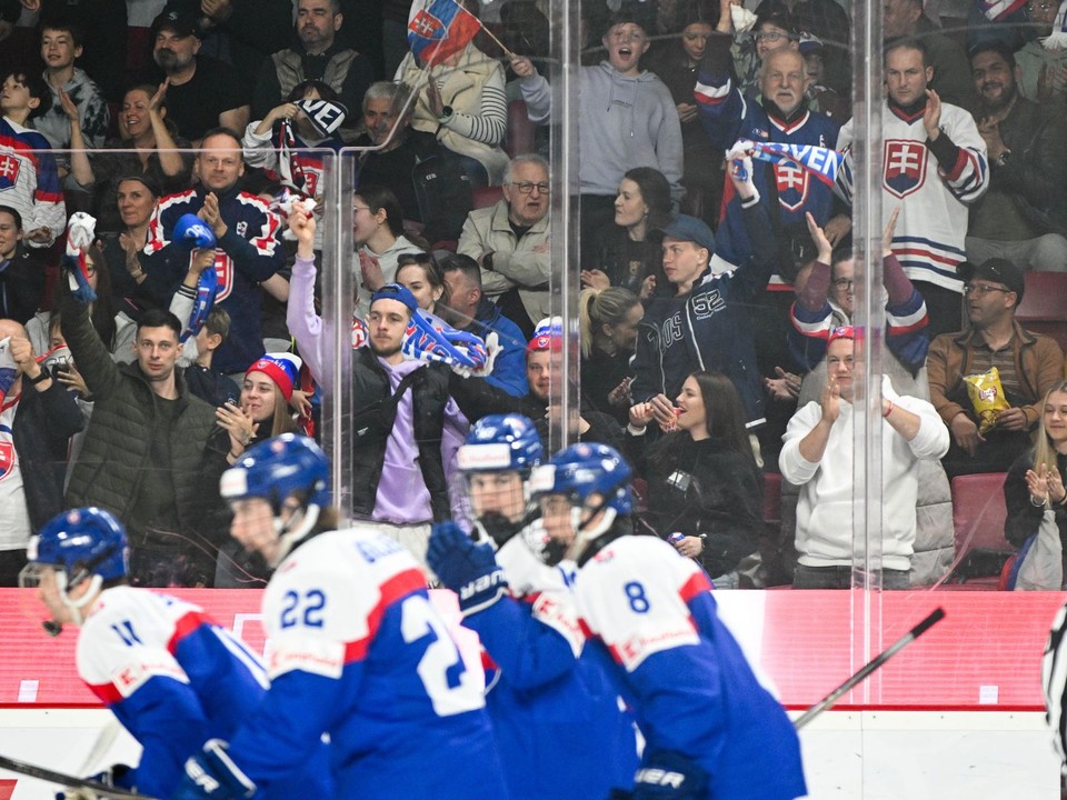 Radosť hráčov Slovenska a fanúšikov po góle počas zápasu Slovensko – Dánsko.