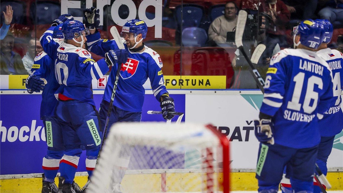 Slovenskí hokejisti sa tešia po strelenom góle v prípravnom zápase Slovensko - Francúzsko pred MS v hokeji 2025.