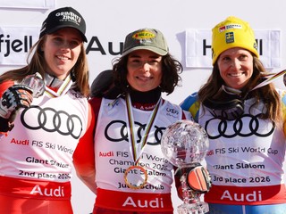 Zľava Camille Rastová, Julia Scheibová a Sara Hectorová po sezóne 2025/2026.