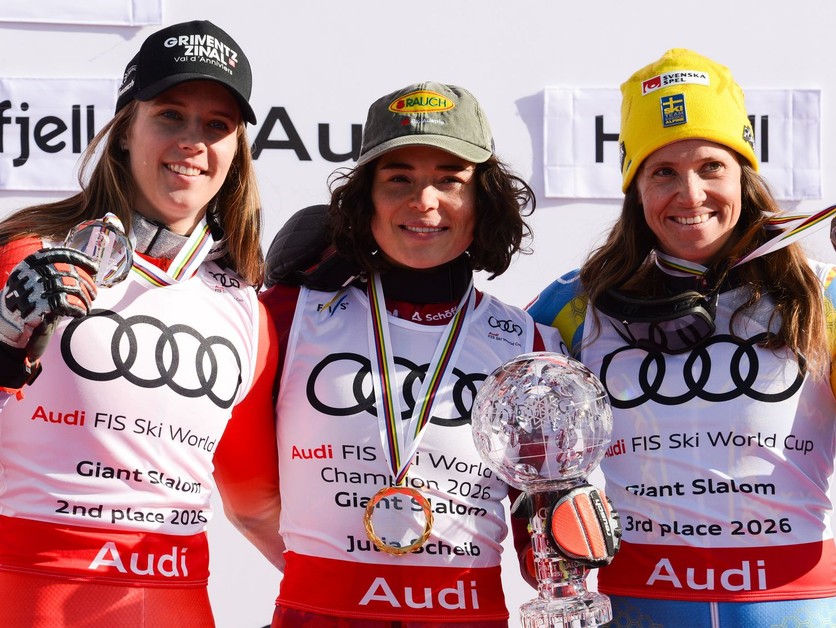 Zľava Camille Rastová, Julia Scheibová a Sara Hectorová po sezóne 2025/2026.