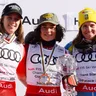 Zľava Camille Rastová, Julia Scheibová a Sara Hectorová po sezóne 2025/2026.