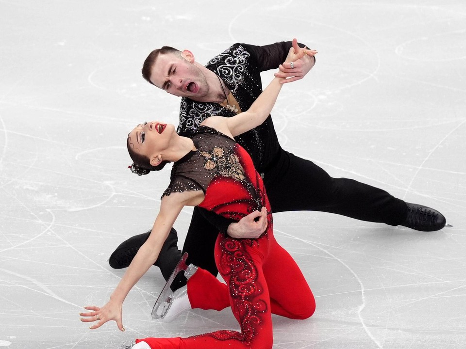 Anastasiia Metelkinová a Luka Berulava na ME v krasokorčuľovaní 2026.