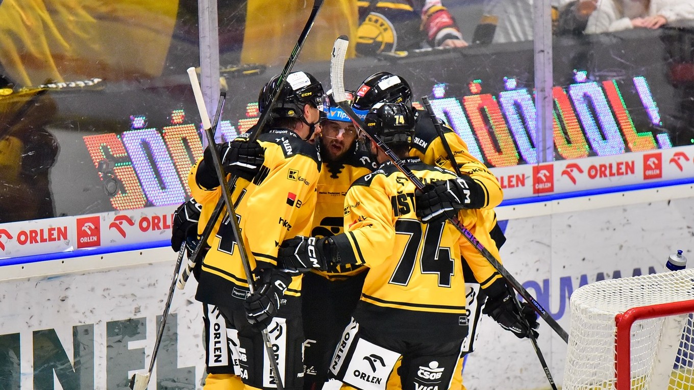 Radosť hráčov HC Verva Litvínov po strelení gólu.