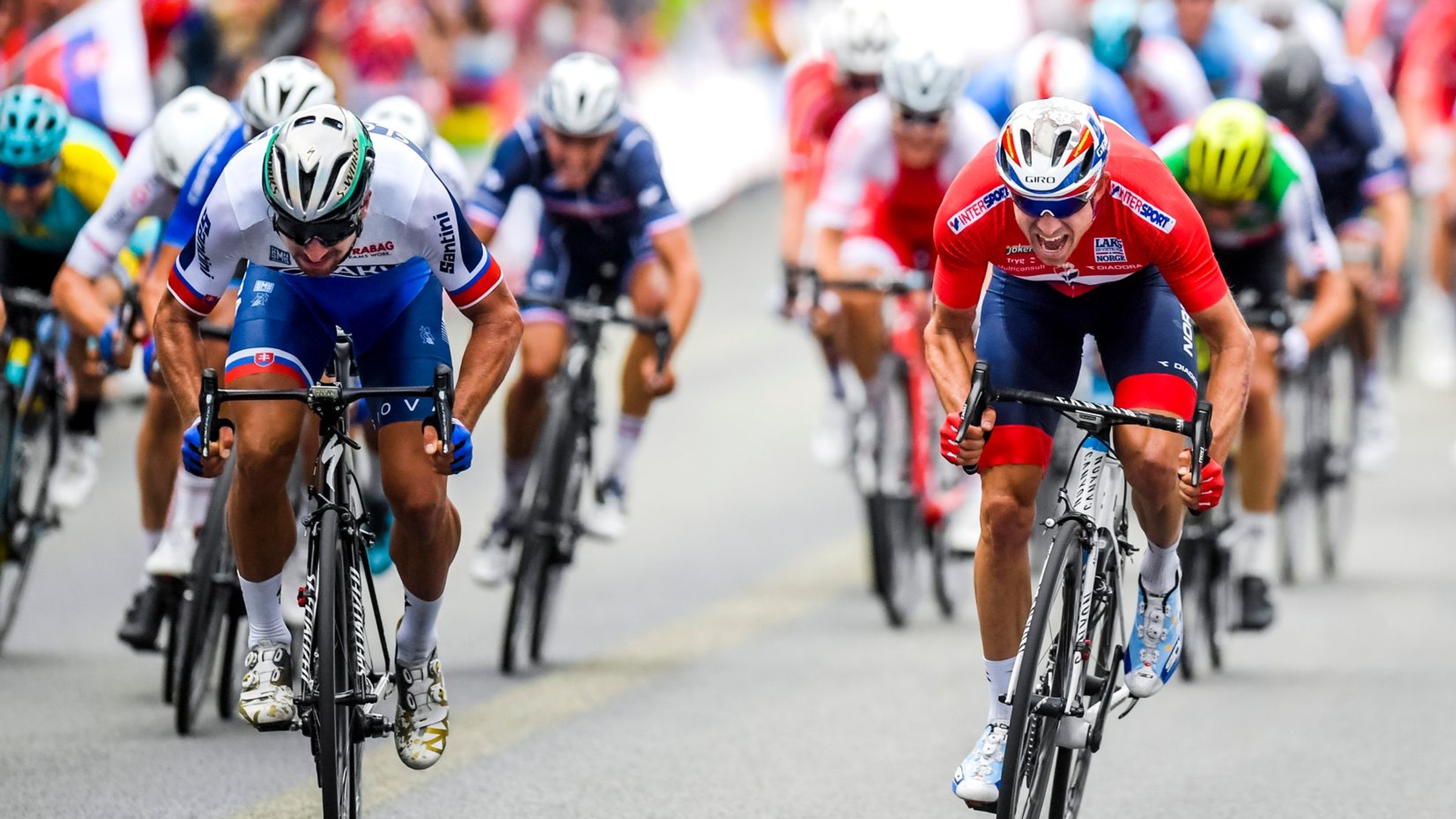Peter Sagan (vľavo) zdoláva Alexandra Kristoffa na MS v cyklistike Bergene 2017.