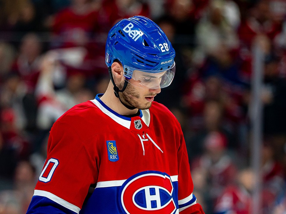 Juraj Slafkovský počas šiesteho zápasu 1. kola play-off NHL Montreal Canadiens - Tampa Bay.