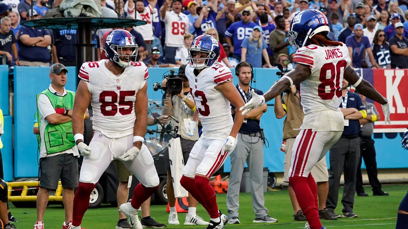 Radosť hráčov tímu NFL New York Giants.