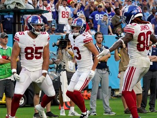 Radosť hráčov tímu NFL New York Giants.