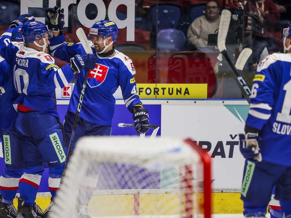 Slovenskí hokejisti sa tešia po strelenom góle v prípravnom zápase Slovensko - Francúzsko pred MS v hokeji 2025.