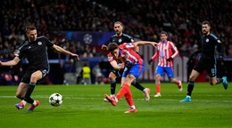 Atletico Madrid's Julian Alvarez, center, shoots in an attempt to score during the Champions League opening phase soccer match between Atletico Madrid and Slovan Bratislava at Riyadh Air Metropolitano stadium in Madrid, Spain, Wednesday, Dec. 11, 2024. (AP Photo/Manu Fernandez)

- XCHAMPIONSLEAGUEX