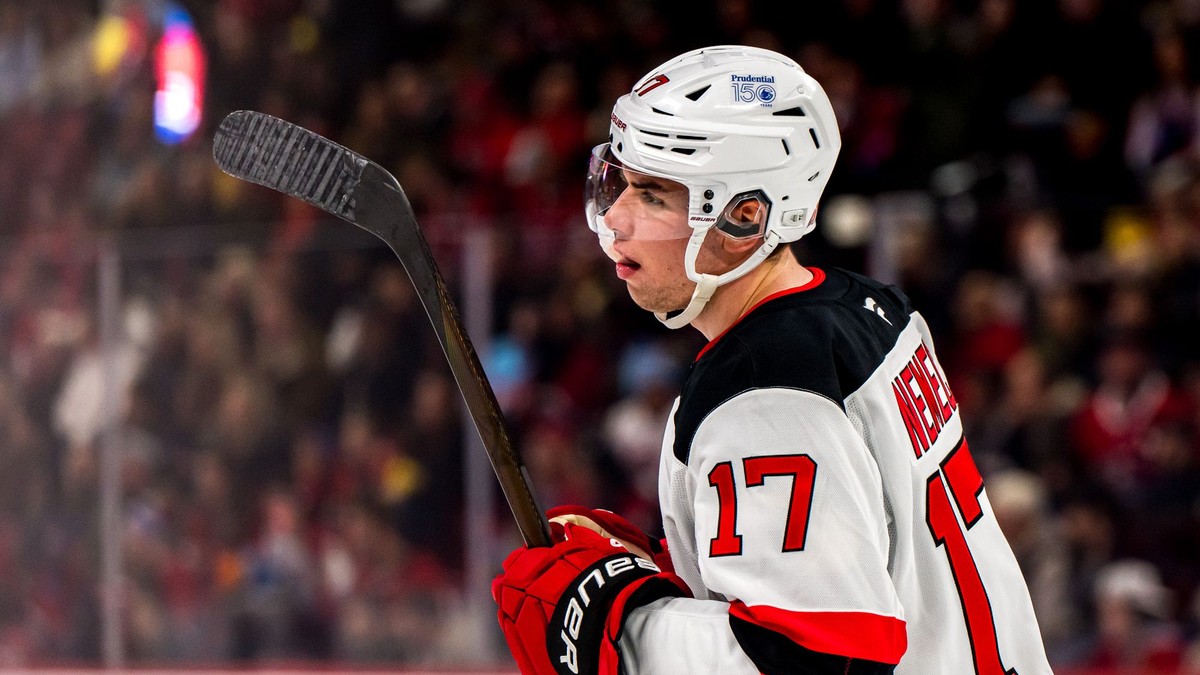 Šimon Nemec počas zápasu Montreal Canadiens - New Jersey Devils.