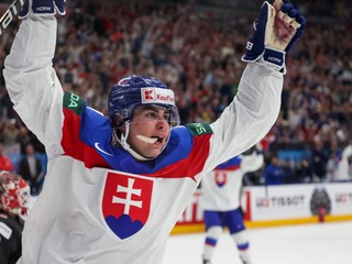 Šimon Nemec v zápase Slovensko-Kanada vo štvrťfinále MS v hokeji 2024.