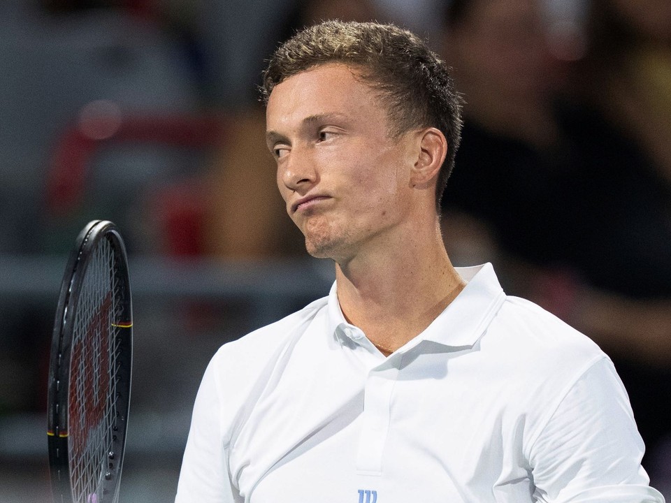Jiri Lehecka of the Czechia reacts during his match against Rafael Jodar of Spain during Round of 16 tennis match at the National Bank Open in Montreal on Saturday, Aug. 8, 2026. (Christinne Muschi/The Canadian Press via AP)
