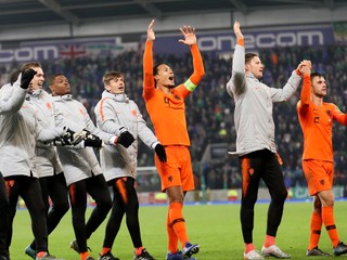 Kapitán holandskej reprezentácie Virgil Van Dijk oslavuje v Belfaste so spoluhráčmi a fanúšikmi postup na EURO.