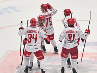 Libor Hudáček oslavuje gól v zápase Pardubice - Třinec. 